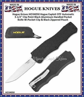 Hogue Knives HO34050 Hogue Exploit OTF Automatic 3-1/2'' Clip Point Black Aluminum Handled Pocket Knife W-Pocket Clip & Black Zippered Pouch Hogue Knives HO34050 Hogue Exploit OTF Automatic 3-1/2'' Clip Point Black Aluminum Handled Pocket Knife W-Pocket Clip & Black Zippered Pouch