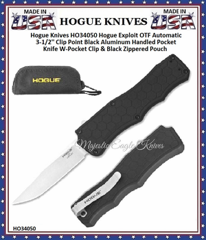 Hogue Knives HO34050 Hogue Exploit OTF Automatic 3-1/2'' Clip Point Black Aluminum Handled Pocket Knife W-Pocket Clip & Black Zippered Pouch