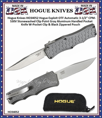 Hogue Knives HO34052 Hogue Exploit OTF Automatic 3-1/2'' CPM-S30V Stonewashed Clip Point Gray Aluminum Handled Pocket Knife W-Pocket Clip & Black Zippered Pouch Hogue Knives HO34052 Hogue Exploit OTF Automatic 3-1/2'' CPM-S30V Stonewashed Clip Point Gray Aluminum Handled Pocket Knife W-Pocket Clip & Black Zippered Pouch