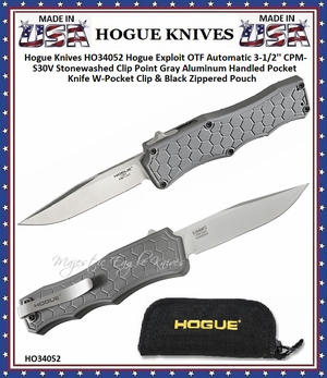 Hogue Knives HO34052 Hogue Exploit OTF Automatic 3-1/2'' CPM-S30V Stonewashed Clip Point Gray Aluminum Handled Pocket Knife W-Pocket Clip & Black Zippered Pouch
