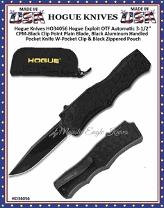 Hogue Knives HO34056 Hogue Exploit OTF Automatic 3-1/2'' CPM-Black Clip Point Plain Blade, Black Aluminum Handled Pocket Knife W-Pocket Clip & Black Zippered Pouch