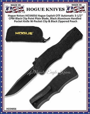 Hogue Knives HO34056 Hogue Exploit OTF Automatic 3-1/2'' CPM-Black Clip Point Plain Blade, Black Aluminum Handled Pocket Knife W-Pocket Clip & Black Zippered Pouch
