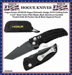 Hogue Knives HO34120 Hogue Elishewitz Design AUTO Folding Knife 3-1/2" Black Tanto Plain Blade, Black Aluminum Handled Pocket Knife W-Pocket Clip & Black Zippered Pouch