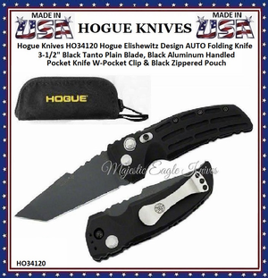 Hogue Knives HO34120 Hogue Elishewitz Design AUTO Folding Knife 3-1/2" Black Tanto Plain Blade, Black Aluminum Handled Pocket Knife W-Pocket Clip & Black Zippered Pouch Hogue Knives HO34120 Hogue Elishewitz Design AUTO Folding Knife 3-1/2" Black Tanto Plain Blade, Black Aluminum Handled Pocket Knife W-Pocket Clip & Black Zippered Pouch