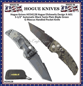 Hogue Knives HO34128 Hogue Elishewitz Design  X-A01 3-1/2"  Automatic Black Tanto  Plain Blade Green G-Mascus Handled Pocket Knife