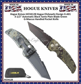 Hogue Knives HO34128 Hogue Elishewitz Design X-A01 3-1/2" Automatic Black Tanto Plain Blade Green G-Mascus Handled Pocket Knife Hogue Knives HO34128 Hogue Elishewitz Design X-A01 3-1/2" Automatic Black Tanto Plain Blade Green G-Mascus Handled Pocket Knife