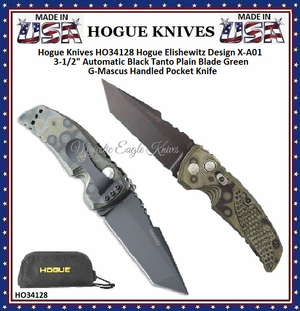 Hogue Knives HO34128 Hogue Elishewitz Design  X-A01 3-1/2"  Automatic Black Tanto  Plain Blade Green G-Mascus Handled Pocket Knife