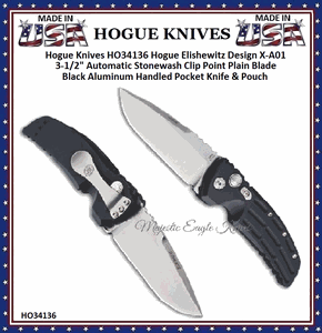 Hogue Knives HO34136 Hogue Elishewitz Design  X-A01 3-1/2"  Automatic Stonewash Clip Point Plain Blade Black Aluminum Handled Pocket Knife & Pouch
