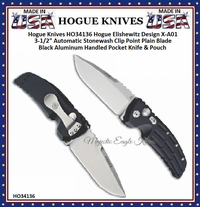 Hogue Knives HO34136 Hogue Elishewitz Design X-A01 3-1/2" Automatic Stonewash Clip Point Plain Blade Black Aluminum Handled Pocket Knife & Pouch Hogue Knives HO34136 Hogue Elishewitz Design X-A01 3-1/2" Automatic Stonewash Clip Point Plain Blade Black Aluminum Handled Pocket Knife & Pouch