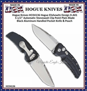Hogue Knives HO34136 Hogue Elishewitz Design X-A01 3-1/2" Automatic Stonewash Clip Point Plain Blade Black Aluminum Handled Pocket Knife & Pouch Hogue Knives HO34136 Hogue Elishewitz Design X-A01 3-1/2" Automatic Stonewash Clip Point Plain Blade Black Aluminum Handled Pocket Knife & Pouch