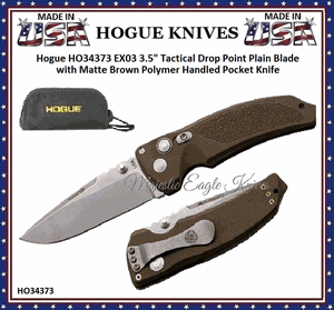 Hogue Knives HO34373 Hogue EX03 3.5" Tactical Plain Drop Point Blade with Matte Brown Polymer Handled Knife & Pouch
