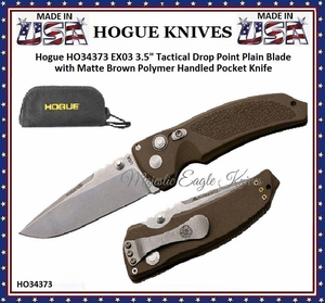 Hogue Knives HO34373 Hogue EX03 3.5" Tactical Plain Drop Point Blade with Matte Brown Polymer Handled Knife & Pouch