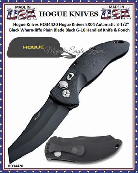Hogue Knives HO34420 Hogue Knives EX04 Automatic 3-1/2" Black Wharncliffe Plain Blade Black G-10 Handled Knife & Pouch
