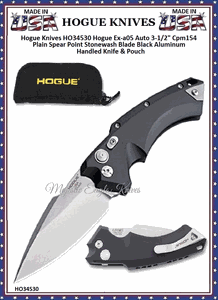 Hogue Knives HO34530 Hogue Ex-a05 Auto 3-1/2" Cpm154 Plain Spear Point Stonewash Blade Black Aluminum Handled Knife & Pouch