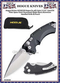 Hogue Knives HO34530 Hogue Ex-a05 Auto 3-1/2" Cpm154 Plain Spear Point Stonewash Blade Black Aluminum Handled Knife & Pouch Hogue Knives HO34530 Hogue Ex-a05 Auto 3-1/2" Cpm154 Plain Spear Point Stonewash Blade Black Aluminum Handled Knife & Pouch