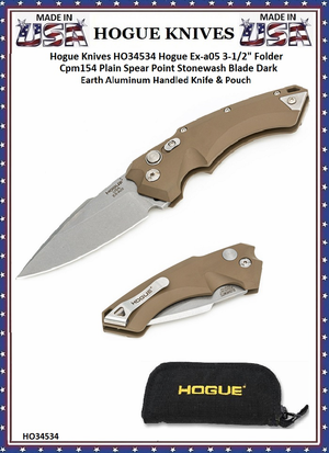 Hogue Knives HO34534 Hogue Ex-a05 3-1/2" Folder Cpm154 Plain Spear Point Stonewash Blade Dark Earth Aluminum Handled Knife & Pouch