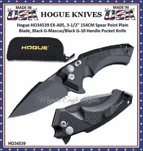 Hogue Knives HO34539 EX-A05 Elishewitz Design AUTO Folding Pocket Knife 3.5" CPM-154 Black Spear Point Plain Blade, Black Aluminum Handles with Black G-Mascus Inlays 