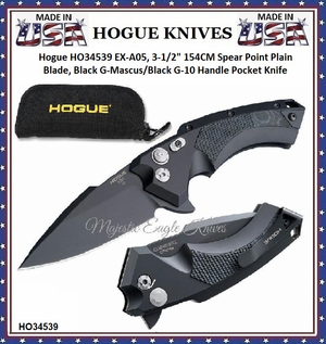 Hogue Knives HO34539 EX-A05 Elishewitz Design AUTO Folding Pocket Knife 3.5" CPM-154 Black Spear Point Plain Blade, Black Aluminum Handles with Black G-Mascus Inlays 