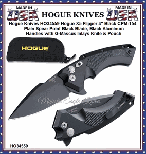 Hogue Knives HO34559 Hogue X5 Flipper 4" Black CPM-154 Plain Spear Point Black Blade, Black Aluminum Handles with G-Mascus Inlays Knife & Pouch