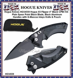 Hogue Knives HO34559 Hogue X5 Flipper 4" Black CPM-154 Plain Spear Point Black Blade, Black Aluminum Handles with G-Mascus Inlays Knife & Pouch Hogue Knives HO34559 Hogue X5 Flipper 4" Black CPM-154 Plain Spear Point Black Blade, Black Aluminum Handles with G-Mascus Inlays Knife & Pouch