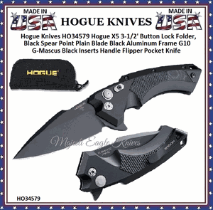Hogue Knives HO34579 Hogue X5 3-1/2' Button Lock Folder, Black Spear Point Plain Blade Black Aluminum Frame/G10 G-Mascus Black Inserts Handle Flipper Pocket Knife