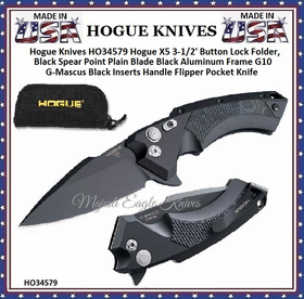 Hogue Knives HO34579 Hogue X5 3-1/2' Button Lock Folder, Black Spear Point Plain Blade Black Aluminum Frame/G10 G-Mascus Black Inserts Handle Flipper Pocket Knife Hogue Knives HO34579 Hogue X5 3-1/2' Button Lock Folder, Black Spear Point Plain Blade Black Aluminum Frame/G10 G-Mascus Black Inserts Handle Flipper Pocket Knife