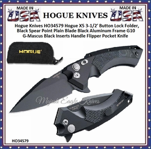Hogue Knives HO34579 Hogue X5 3-1/2' Button Lock Folder, Black Spear Point Plain Blade Black Aluminum Frame/G10 G-Mascus Black Inserts Handle Flipper Pocket Knife