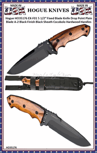Hogue Knives HO35176 EX-F01 5 1/2" Fixed Blade Knife Drop Point Plain Blade A-2 Black Finish Black Sheath Cocobolo Hardwood Handles 