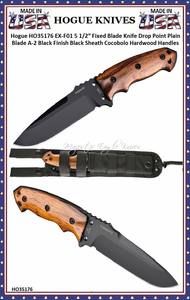 Hogue Knives HO35176 EX-F01 5 1/2" Fixed Blade Knife Drop Point Plain Blade A-2 Black Finish Black Sheath Cocobolo Hardwood Handles Hogue Knives HO35176 EX-F01 5 1/2" Fixed Blade Knife Drop Point Plain Blade A-2 Black Finish Black Sheath Cocobolo Hardwood Handles