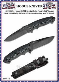 Hogue Knives HO35179 EX-F01 Fixed Blade Combat Knife 5-1/2" Carbon Steel Blade, G10 Black G-Mascus Handles, MOLLE Sheath Hogue Knives HO35179 EX-F01 Fixed Blade Combat Knife 5-1/2" Carbon Steel Blade, G10 Black G-Mascus Handles, MOLLE Sheath