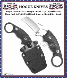 Hogue Knives HO35329 Hogue EX-F03 2-1/4" Hawkbill Plain Blade Neck Knife G10 Solid Black Scales w/Neck & Belt Sheath