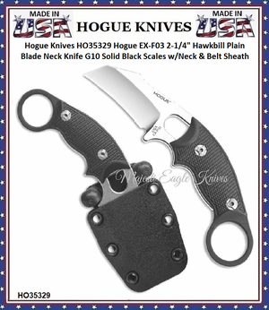 Hogue Knives HO35329 Hogue EX-F03 2-1/4" Hawkbill Plain Blade Neck Knife G10 Solid Black Scales w/Neck & Belt Sheath