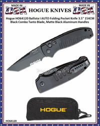 Hogue Knives HO64120 Ballista I AUTO Folding Pocket Knife 3.5" 154CM Black Combo Tanto Blade, Matte Black Aluminum Handles Hogue Knives HO64120 Ballista I AUTO Folding Pocket Knife 3.5" 154CM Black Combo Tanto Blade, Matte Black Aluminum Handles