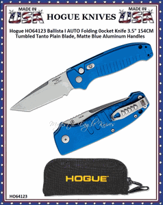 Hogue Knives HO64123 Ballista I AUTO Folding Pocket Knife 3.5" 154CM Tumbled Tanto Plain Blade, Matte Blue Aluminum Handles