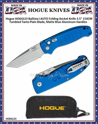 Hogue Knives HO64123 Ballista I AUTO Folding Pocket Knife 3.5" 154CM Tumbled Tanto Plain Blade, Matte Blue Aluminum Handles Hogue Knives HO64123 Ballista I AUTO Folding Pocket Knife 3.5" 154CM Tumbled Tanto Plain Blade, Matte Blue Aluminum Handles