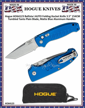 Hogue Knives HO64123 Ballista I AUTO Folding Pocket Knife 3.5" 154CM Tumbled Tanto Plain Blade, Matte Blue Aluminum Handles