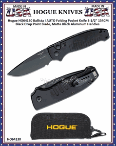 Hogue Knives HO64130 Ballista I AUTO Folding Pocket Knife 3-1/2" 154CM Black Drop Point Blade, Matte Black Aluminum Handles 