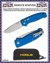 Hogue Knives HO64133 Ballista I AUTO Folding Pocket Knife 3.5" 154CM Tumbled Drop Point Plain Blade, Matte Blue Aluminum Handles Hogue Knives HO64133 Ballista I AUTO Folding Pocket Knife 3.5" 154CM Tumbled Drop Point Plain Blade, Matte Blue Aluminum Handles