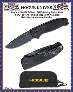Hogue Knives HO64136 Ballista I AUTO Folding Pocket Knife 3-1/2" 154CM Tumbled Drop Point Plain Blade, Matte Black Aluminum Handles  