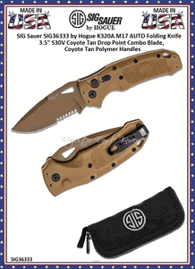 Hogue Knives SIG Sauer by Hogue SIG36333 K320A M17 AUTO Folding Pocket Knife 3.5" S30V Coyote Tan Drop Point Combo Plain Blade, Coyote Tan Polymer Handles 