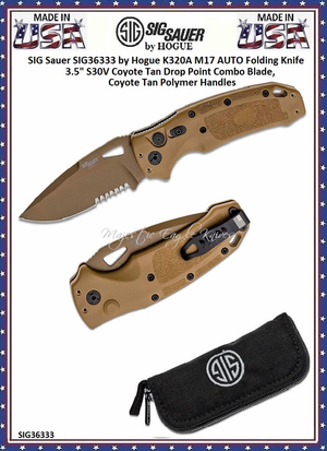 Hogue Knives SIG Sauer by Hogue SIG36333 K320A M17 AUTO Folding Pocket Knife 3.5" S30V Coyote Tan Drop Point Combo Plain Blade, Coyote Tan Polymer Handles Hogue Knives SIG Sauer by Hogue SIG36333 K320A M17 AUTO Folding Pocket Knife 3.5" S30V Coyote Tan Drop Point Combo Plain Blade, Coyote Tan Polymer Handles