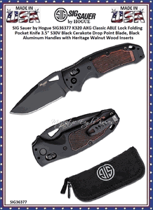 Hogue Knives SIG Sauer by Hogue SIG36377 K320 AXG Classic ABLE Lock Folding Pocket Knife 3.5" S30V Black Cerakote Drop Point Plain Blade, Black Aluminum Handles with Heritage Walnut Wood Inserts 