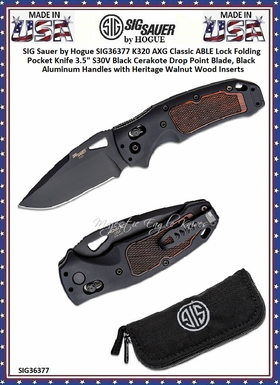 Hogue Knives SIG Sauer by Hogue SIG36377 K320 AXG Classic ABLE Lock Folding Pocket Knife 3.5" S30V Black Cerakote Drop Point Plain Blade, Black Aluminum Handles with Heritage Walnut Wood Inserts 