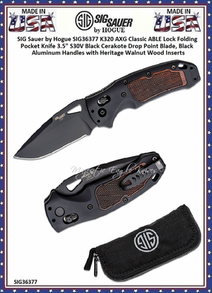 Hogue Knives SIG Sauer by Hogue SIG36377 K320 AXG Classic ABLE Lock Folding Pocket Knife 3.5" S30V Black Cerakote Drop Point Plain Blade, Black Aluminum Handles with Heritage Walnut Wood Inserts Hogue Knives SIG Sauer by Hogue SIG36377 K320 AXG Classic ABLE Lock Folding Pocket Knife 3.5" S30V Black Cerakote Drop Point Plain Blade, Black Aluminum Handles with Heritage Walnut Wood Inserts