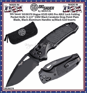 Hogue Knives SIG36374 SIG Sauer by Hogue K320 AXG Pro ABLE Lock Folding Pocket Knife 3-1/2" S30V Black Cerakote Drop Point Plain Blade, Black Aluminum Handles w/Black G10 Inserts