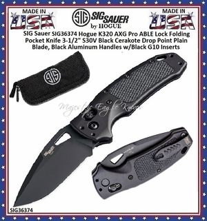 Hogue Knives SIG36374 SIG Sauer by Hogue K320 AXG Pro ABLE Lock Folding Pocket Knife 3-1/2" S30V Black Cerakote Drop Point Plain Blade, Black Aluminum Handles w/Black G10 Inserts Hogue Knives SIG36374 SIG Sauer by Hogue K320 AXG Pro ABLE Lock Folding Pocket Knife 3-1/2" S30V Black Cerakote Drop Point Plain Blade, Black Aluminum Handles w/Black G10 Inserts