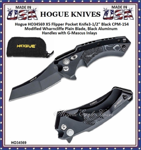 Hogue Knives HO34569 Hogue X5 Flipper 3.5" Black CPM-154 Modified Wharncliffe Blade, Black Aluminum Handles with G-Mascus Inlays 