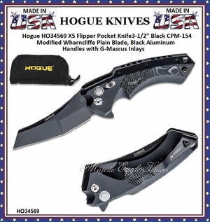Hogue Knives HO34569 Hogue X5 Flipper 3.5" Black CPM-154 Modified Wharncliffe Blade, Black Aluminum Handles with G-Mascus Inlays 