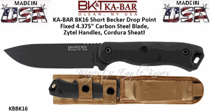 KA-BAR BK16 Short Becker Drop Point Fixed 4-3/4  1095 Carbon Steel Plain Blade, Zytel Handles, Cordura Sheath 