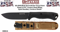 KA-BAR BK16 Short Becker Drop Point Fixed 4-3/4 1095 Carbon Steel Plain Blade, Zytel Handles, Cordura Sheath KA-BAR BK16 Short Becker Drop Point Fixed 4-3/4 1095 Carbon Steel Plain Blade, Zytel Handles, Cordura Sheath